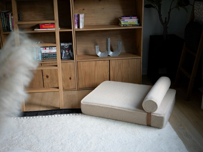 Modern Day boucle dog bed on a white rug in front of a bookcase
