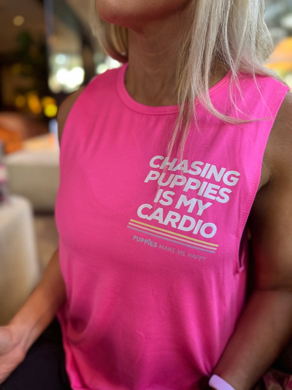 Chasing Puppies Is My Cardio Crop Tank in hot berry pink