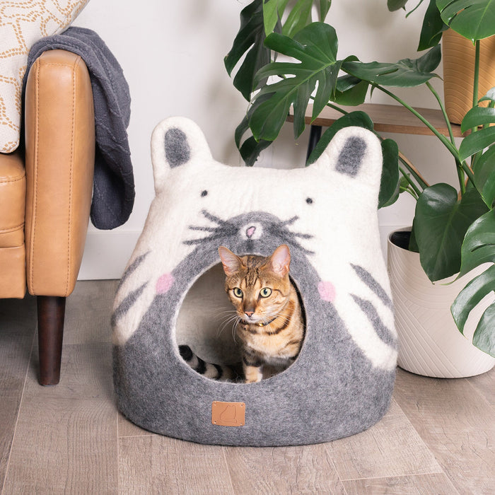 Felted Wool Cat Cave with Ears, Cat Design