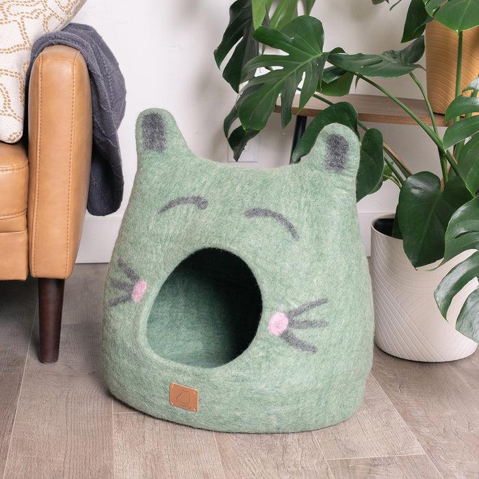 Cueva de fieltro de lana para gatos con orejas, diseño Cat Face, foto 3