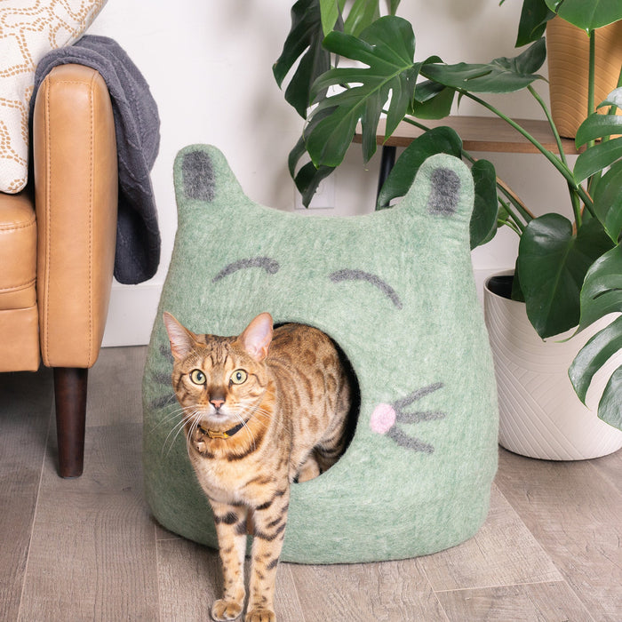 Cueva de fieltro de lana para gatos con orejas, diseño Cat Face
