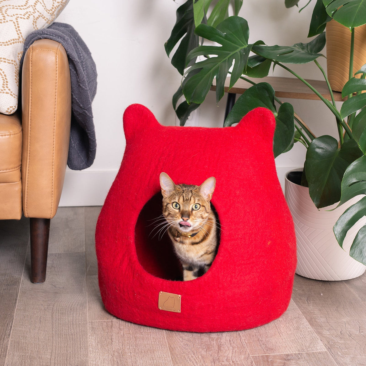 Felted Wool Cat Cave with Ears, Chili Red