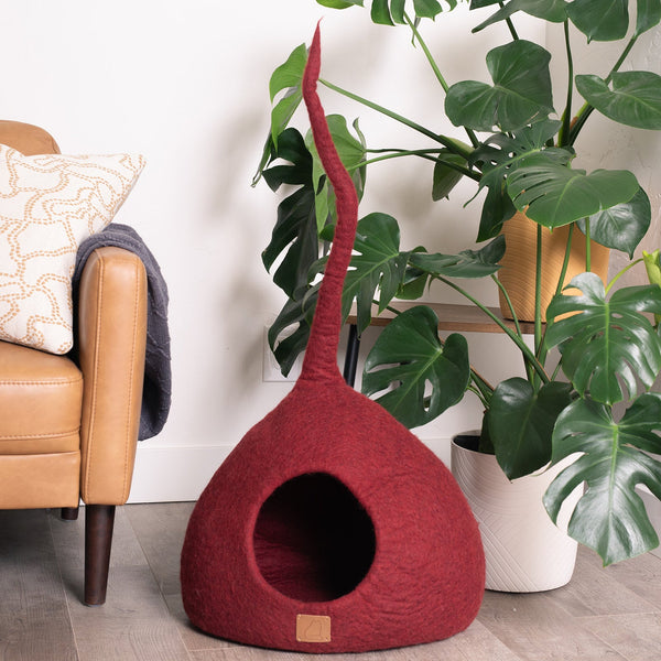 Felted Wool Cat Cave with Tail, Wine Burgundy, photo 2