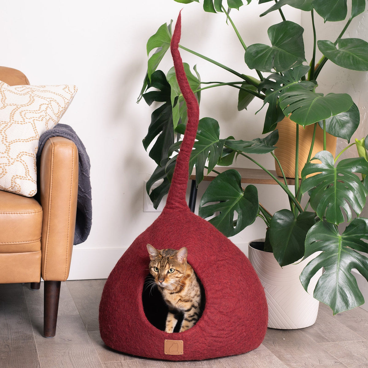 Felted Wool Cat Cave with Tail, Wine Burgundy