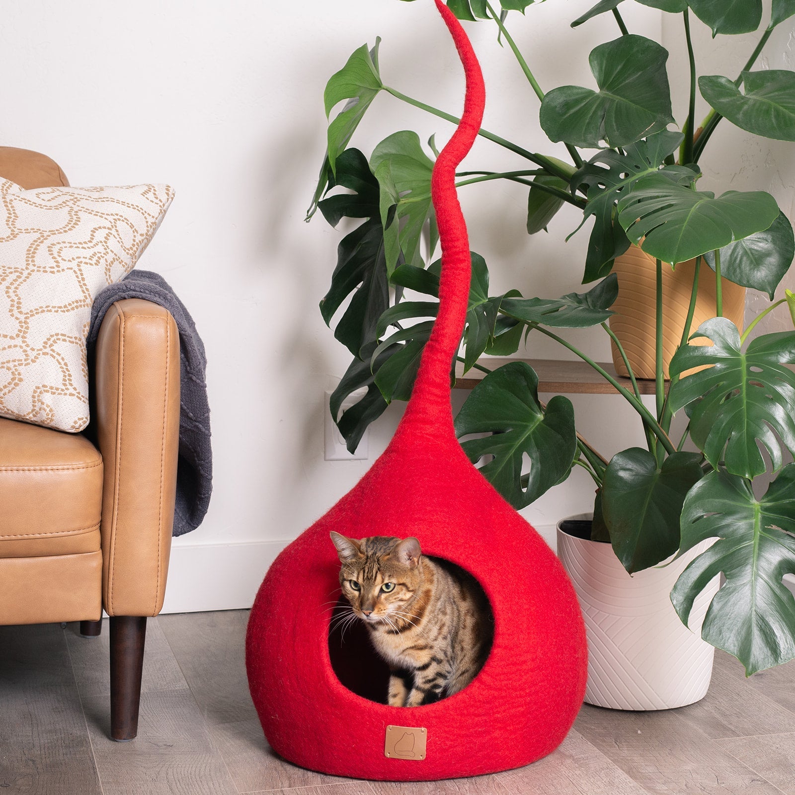 Felted Wool Cat Cave with Tail, Chili Red