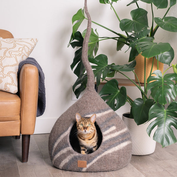Felted Wool Cat Cave with Tail, Stone Design