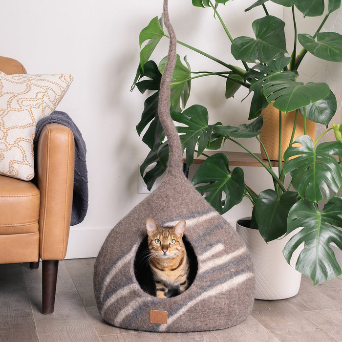 Felted Wool Cat Cave with Tail, Stone Design