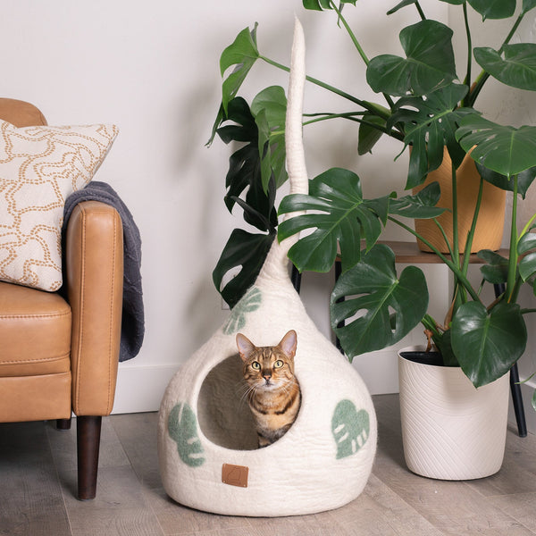 Felted Wool Cat Cave with Tail, Leaf Design