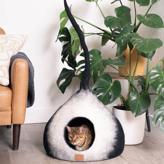 Felted Wool Cat Cave with Tail, Burst Design