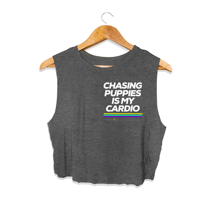 Chasing Puppies Is My Cardio Crop Tank in charcoal