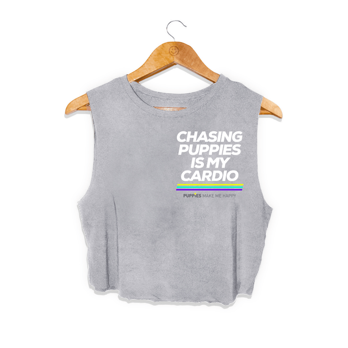 Chasing Puppies Is My Cardio Crop Tank in light grey