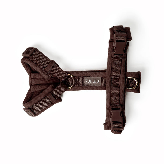 Brown comfort dog harness laid flat