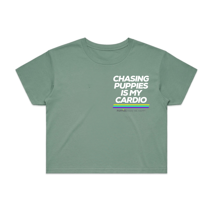 Chasing Puppies is My Cardio Crop Tee in sage