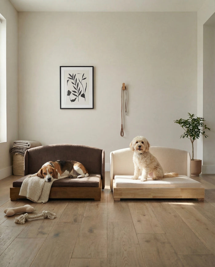 Two Haven dog beds side by side, a beagle on brown and a white doodle on cream