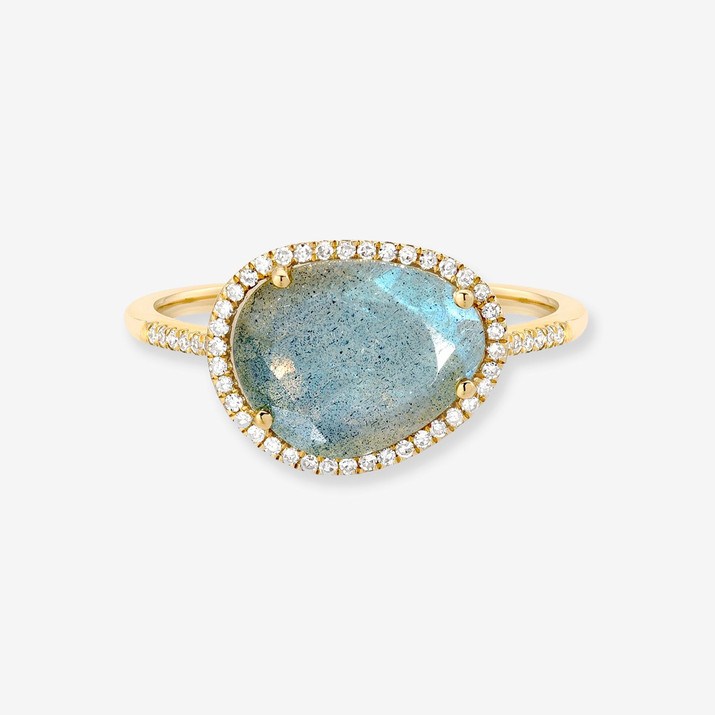 Anillo de labradorita con halo de diamantes en oro de 14K, foto 1