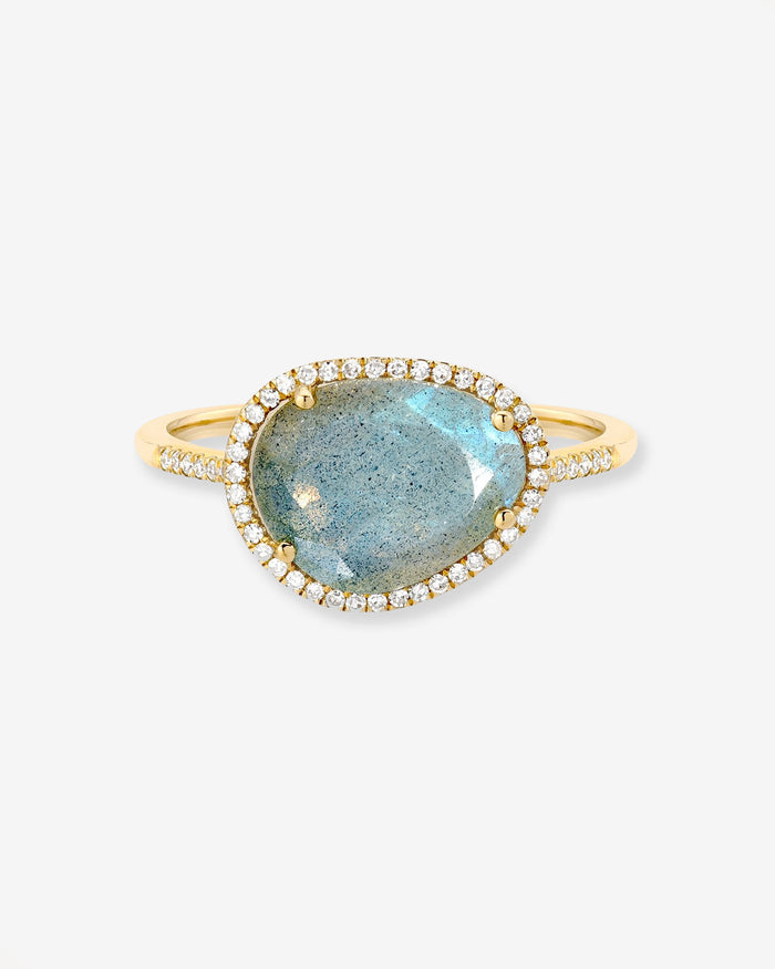 Anillo de labradorita con halo de diamantes en oro de 14K, foto 1