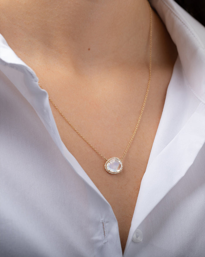 14K Gold Diamond Moonstone Necklace, photo 2