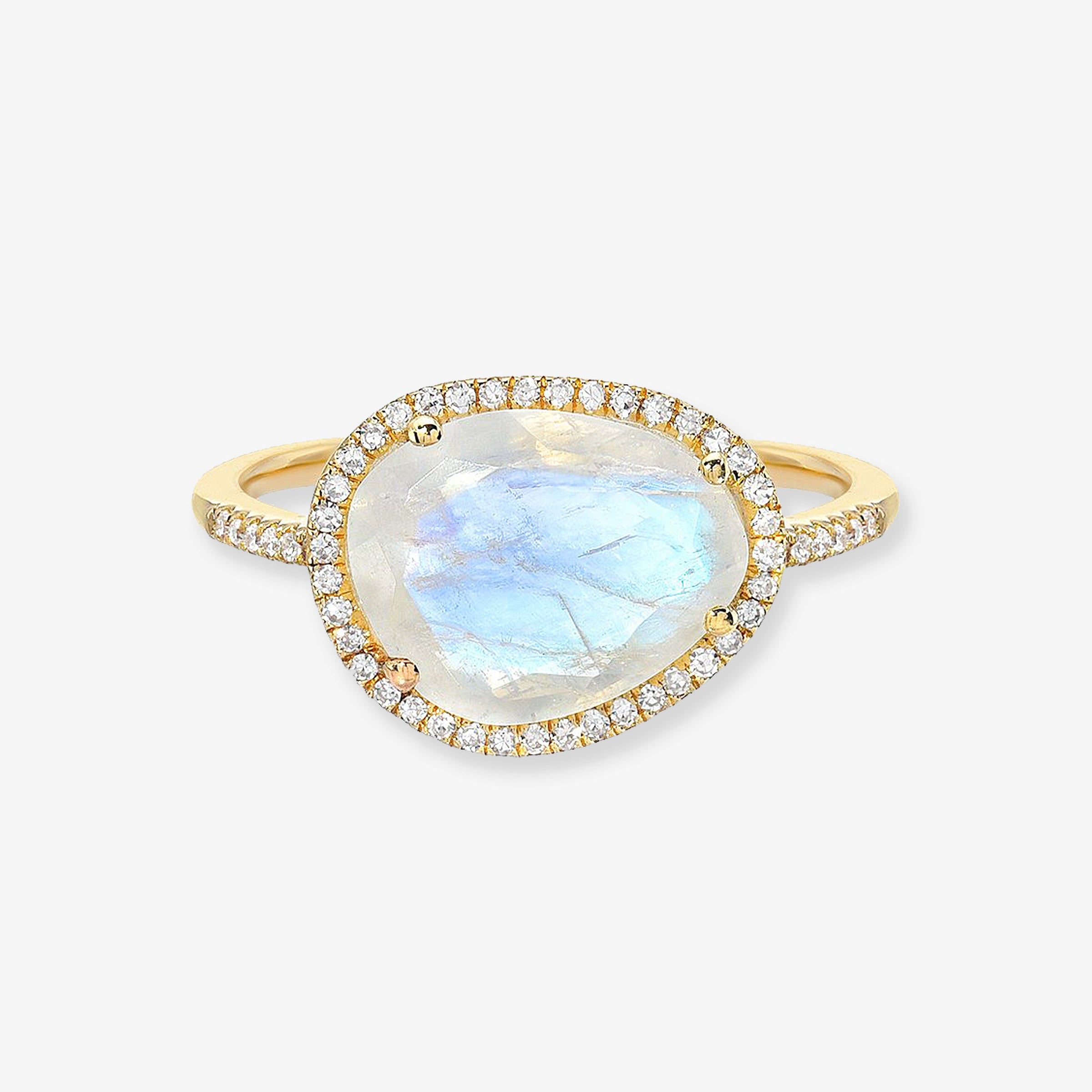 14K Gold Rainbow Moonstone Diamond Halo Ring, photo 1