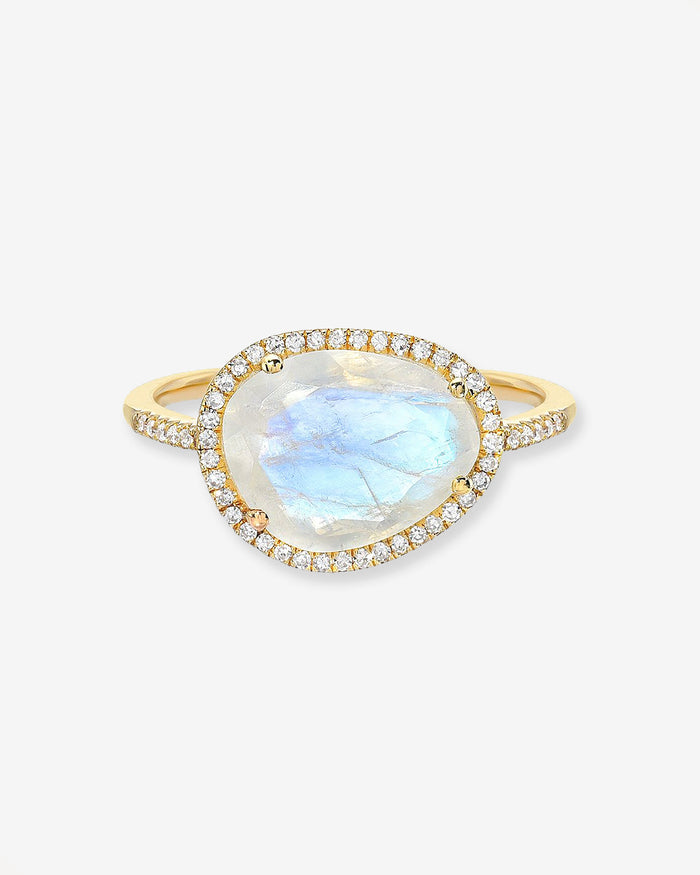 14K Gold Rainbow Moonstone Diamond Halo Ring, photo 1