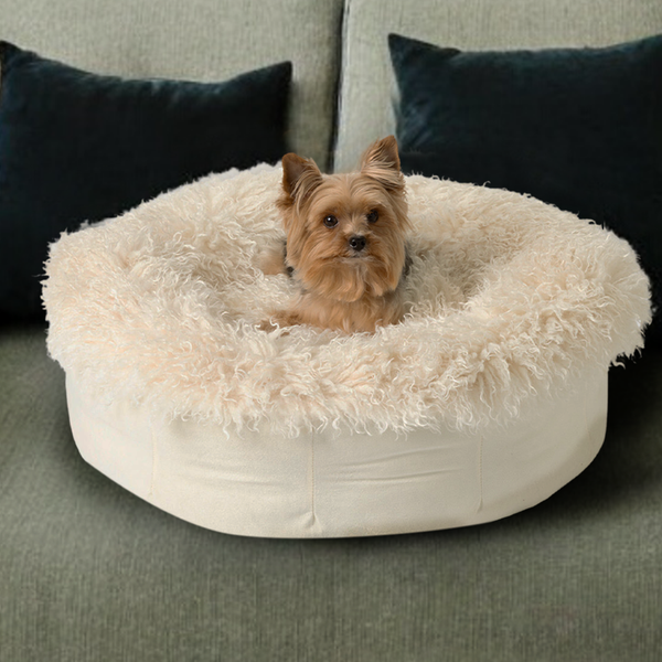 Cama tipo dona PupPouf Luxe de piel sintética para perro, oveja afelpada marfil, foto 2