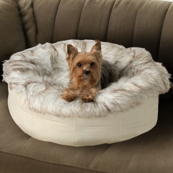 PupPouf Faux Fur Donut Dog Bed, White with Brown Accents, photo 3