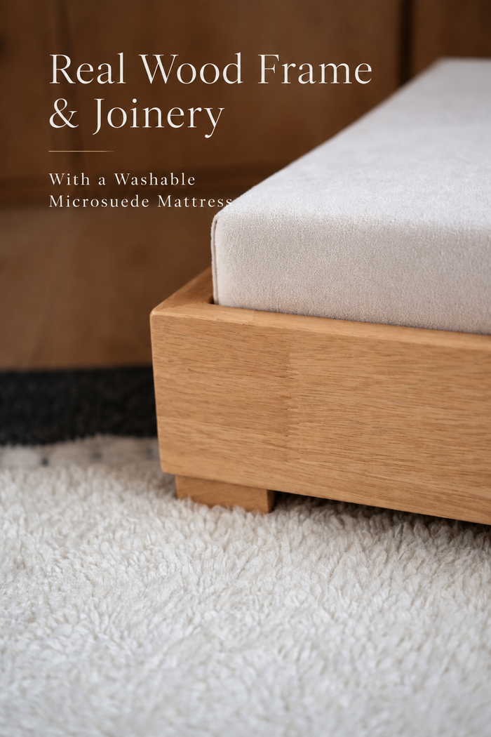 Close-up of the Haven's solid wood frame corner and washable mattress