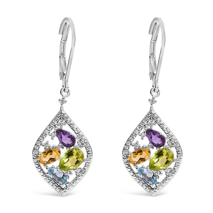Aretes colgantes de rombo con varias piedras y detalle de diamante en plata de ley, foto 1