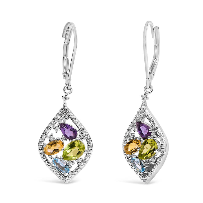 Aretes colgantes de rombo con varias piedras y detalle de diamante en plata de ley, foto 2