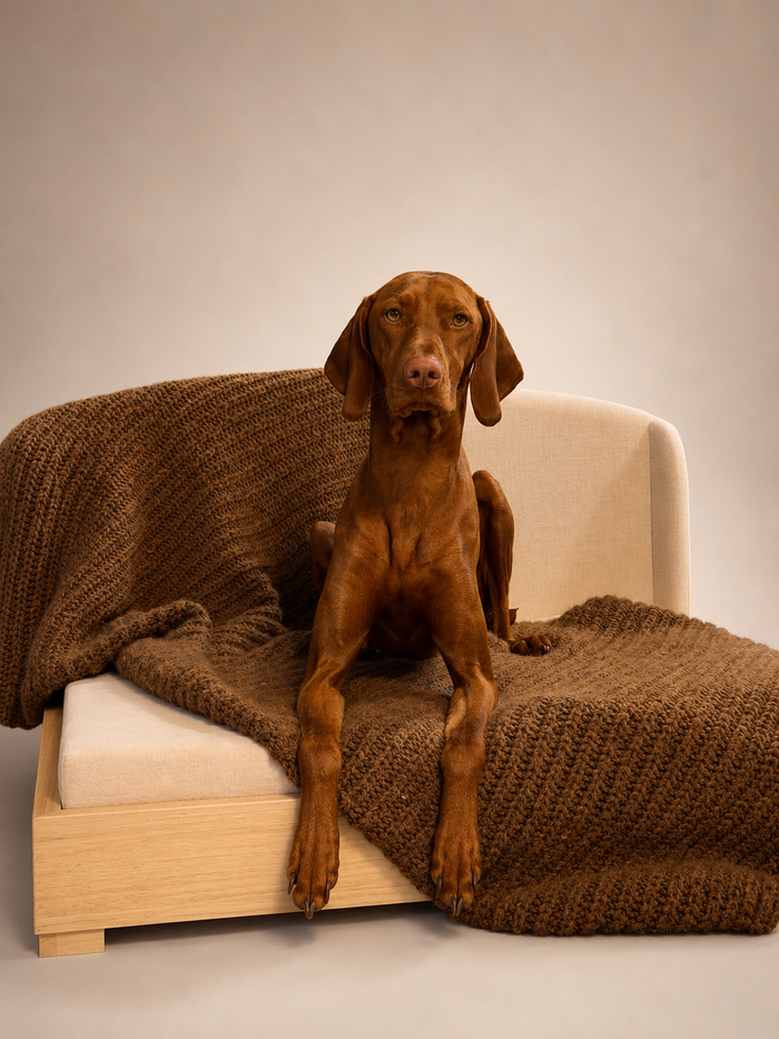 Vizsla on the Haven dog bed with a brown knit blanket