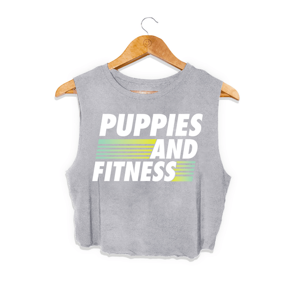 Puppies and Fitness Club Logo Crop Tank in light grey