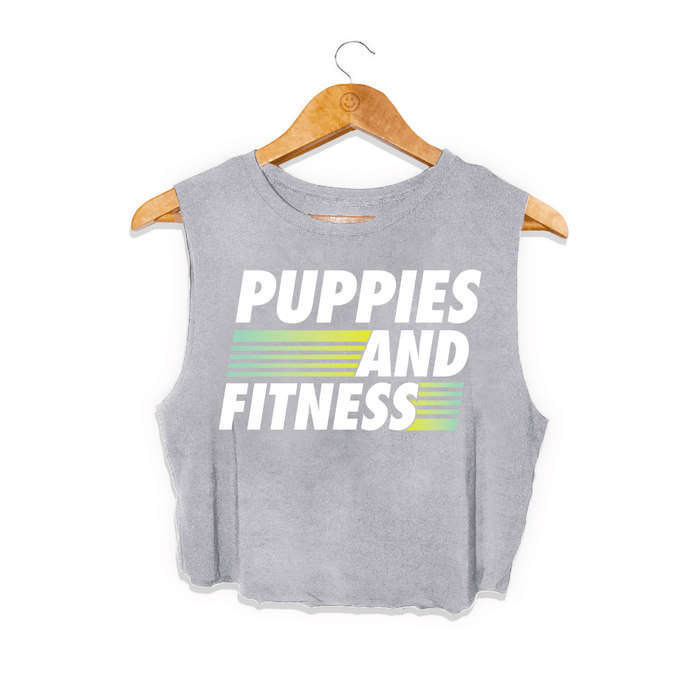 Puppies and Fitness Club Logo Crop Tank in light grey