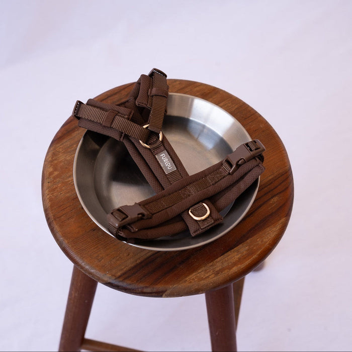 Brown comfort harness on a wooden stool beside a dog bowl