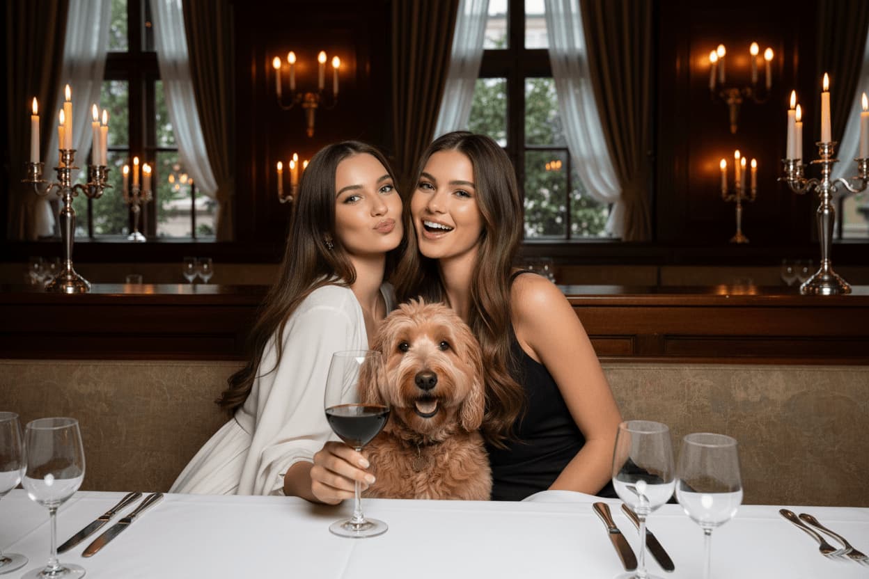 Two women with a dog at a restaurant table with wine glasses.