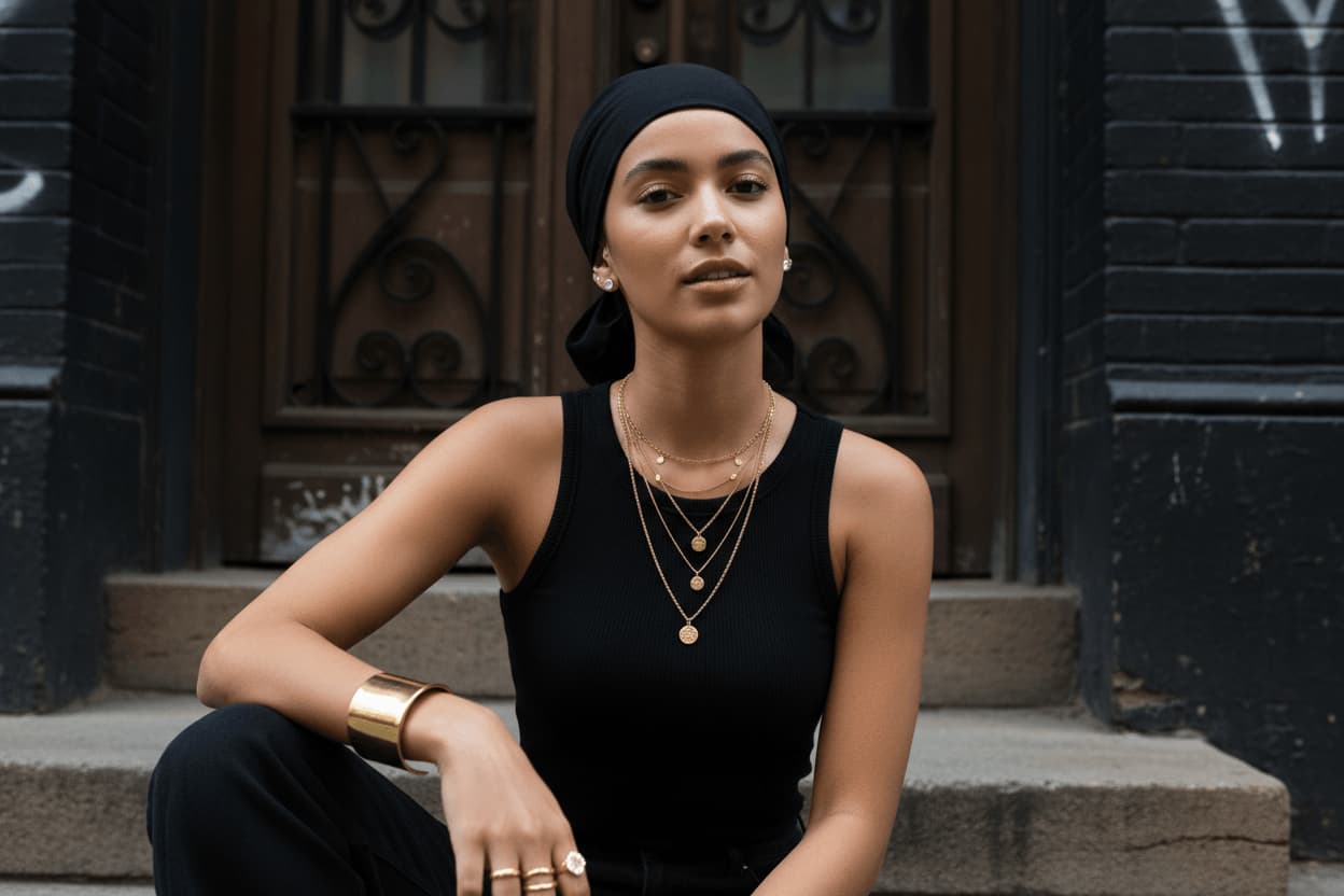 Woman sitting on steps wearing a black sleeveless top and headscarf, with a dark background.