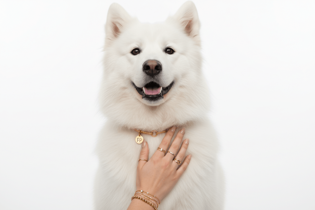 White dog with a hand wearing FURPPL jewelry on a white background