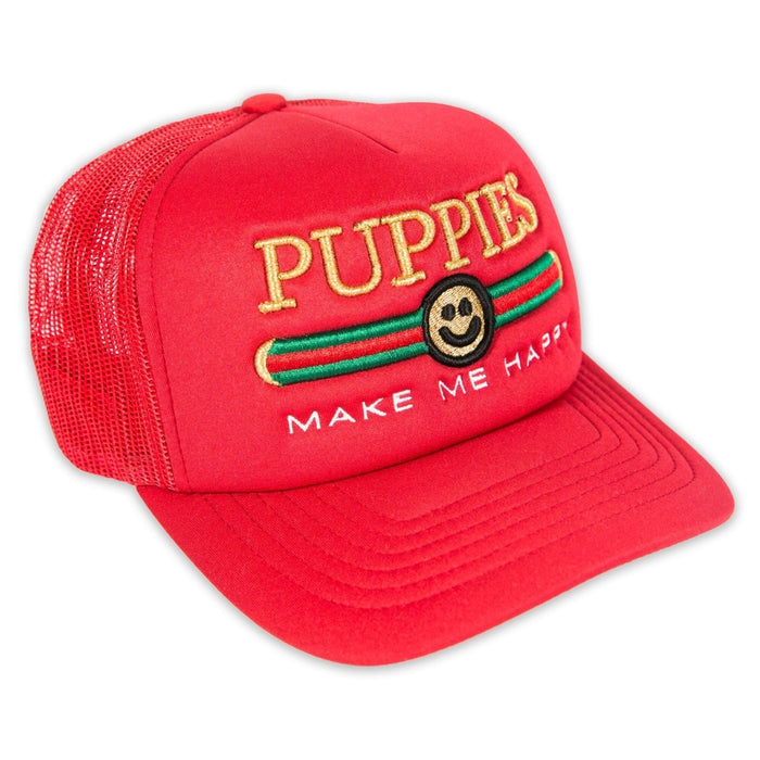 Pup Lux Metallic Gold Puff Embroidery Trucker Hat in red