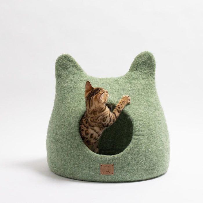 Felted Wool Cat Cave with Ears, Eucalyptus Green, photo 2