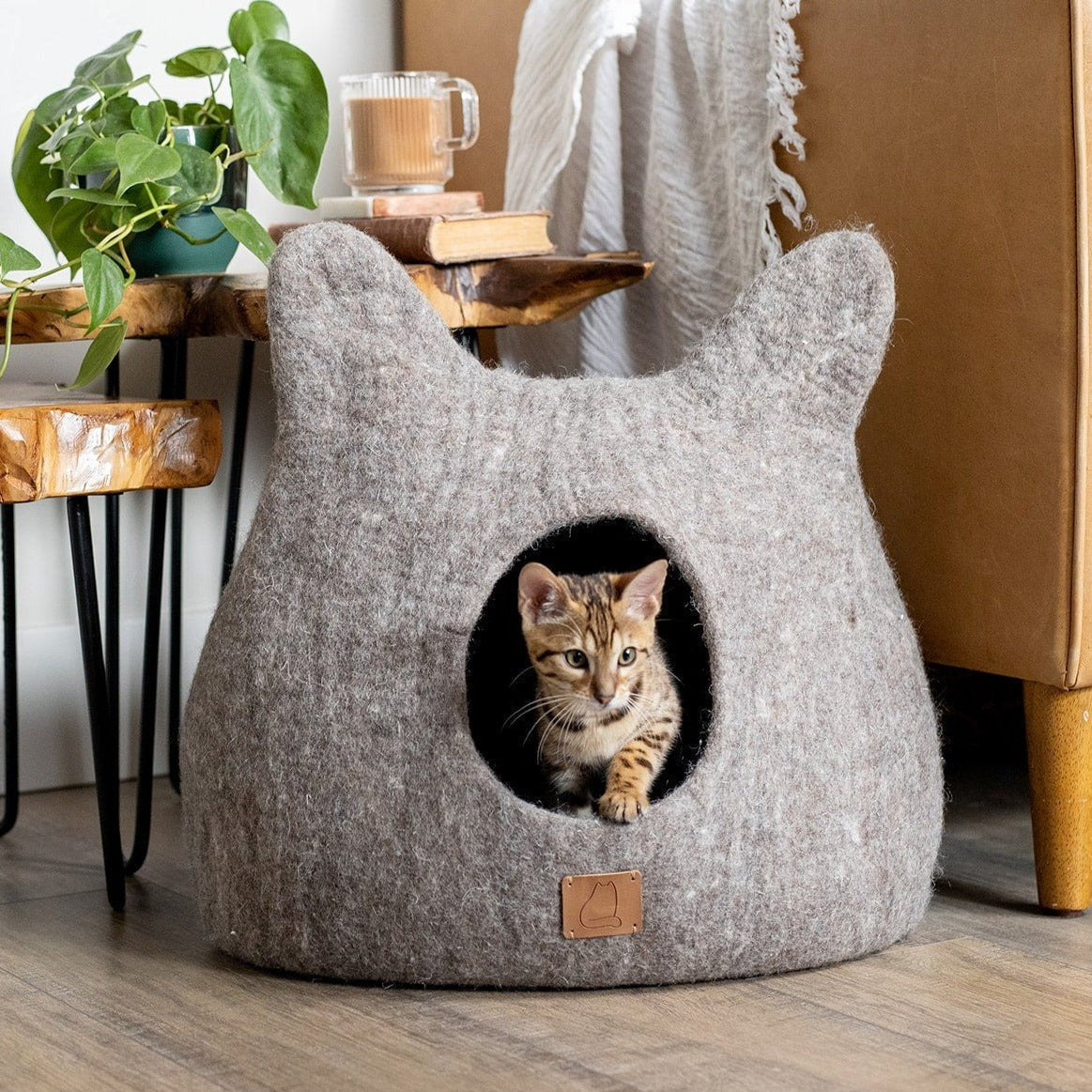 Felted Wool Cat Cave with Ears, Earth Brown
