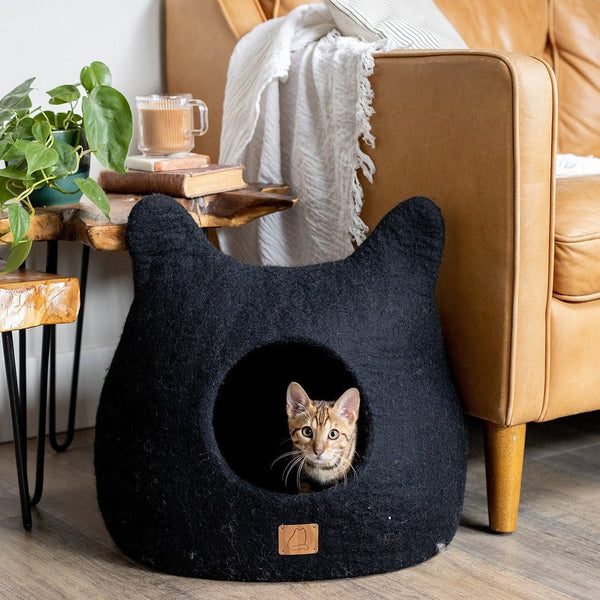 Felted Wool Cat Cave with Ears, Night Black