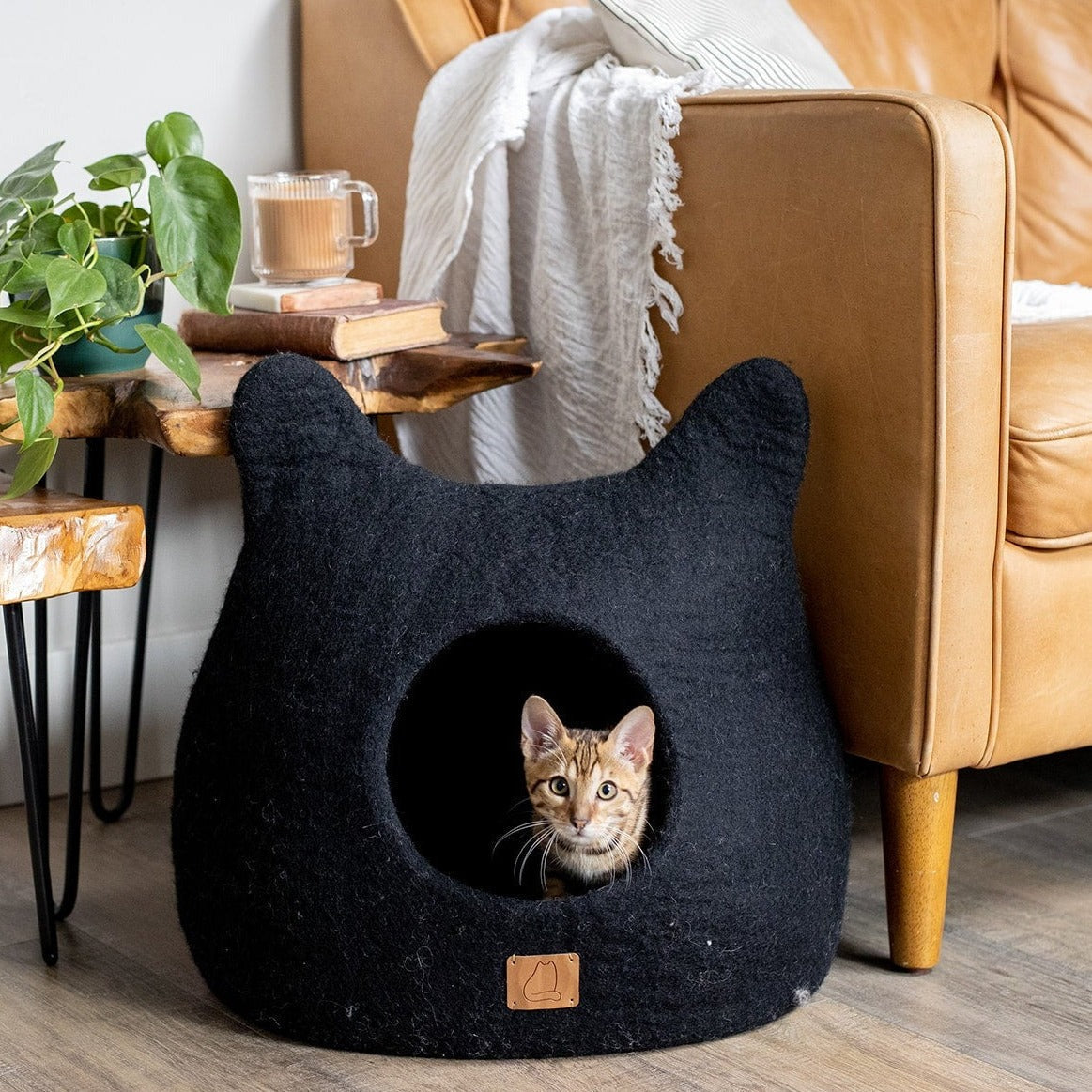 Felted Wool Cat Cave with Ears, Night Black