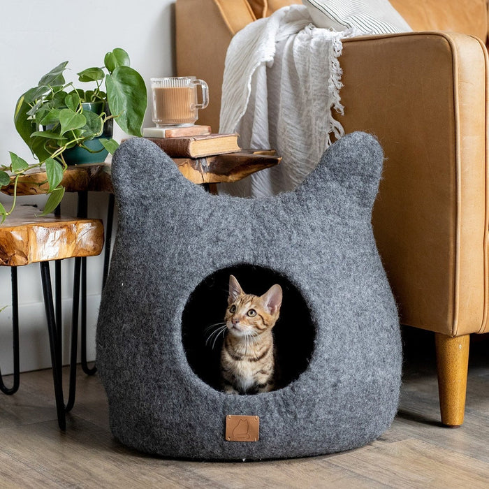 Felted Wool Cat Cave with Ears, Stone Gray