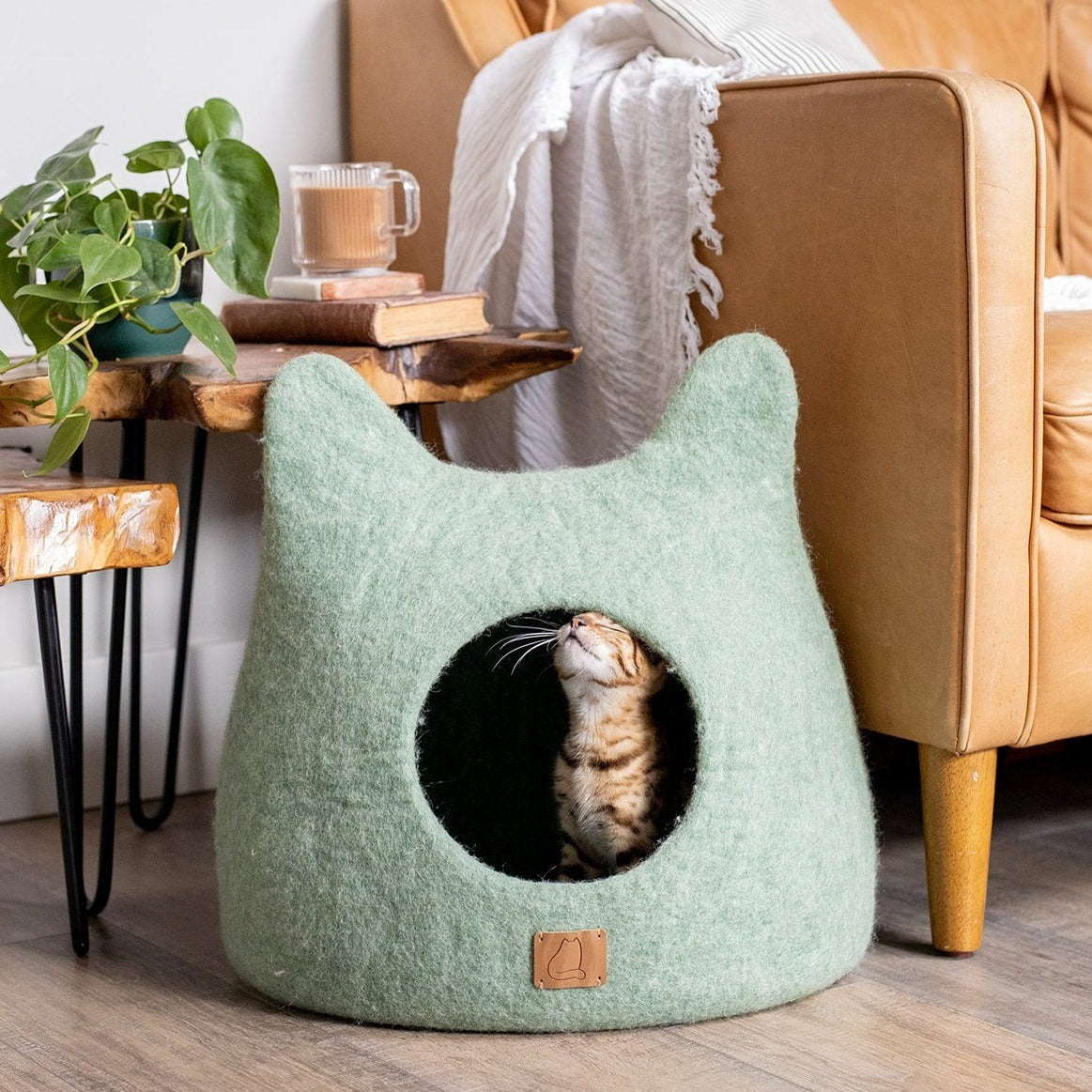 Felted Wool Cat Cave with Ears, Eucalyptus Green