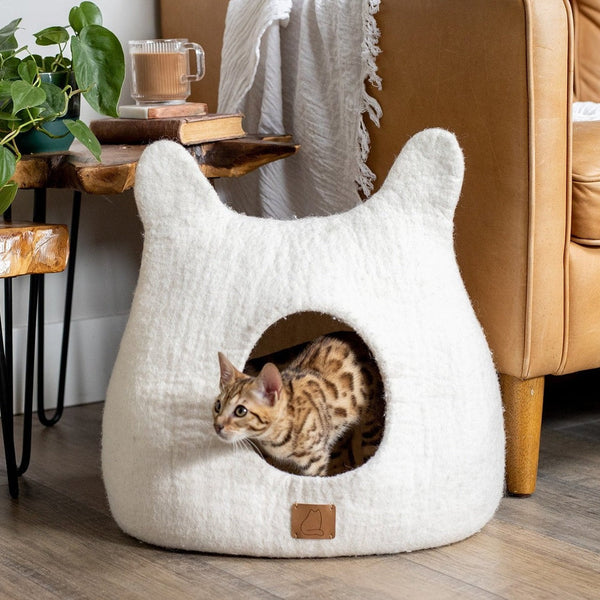 Felted Wool Cat Cave with Ears, Snow White