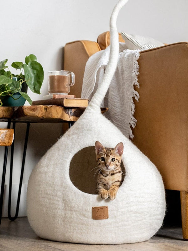 Felted Wool Cat Cave with Tail, Snow White