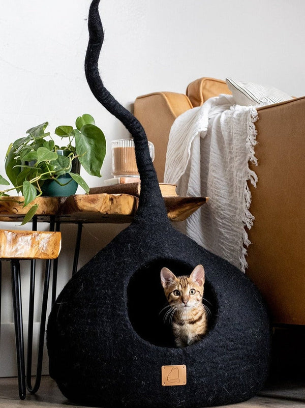 Felted Wool Cat Cave with Tail, Night Black