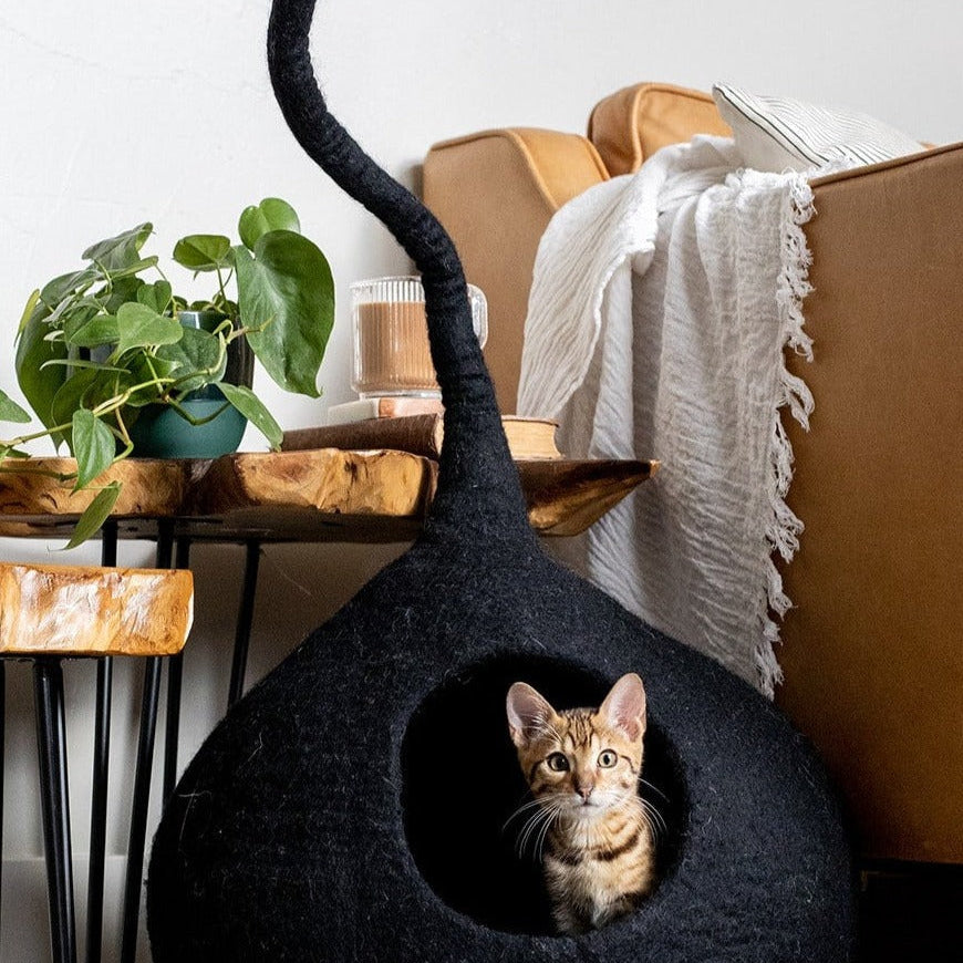 Felted Wool Cat Cave with Tail, Night Black