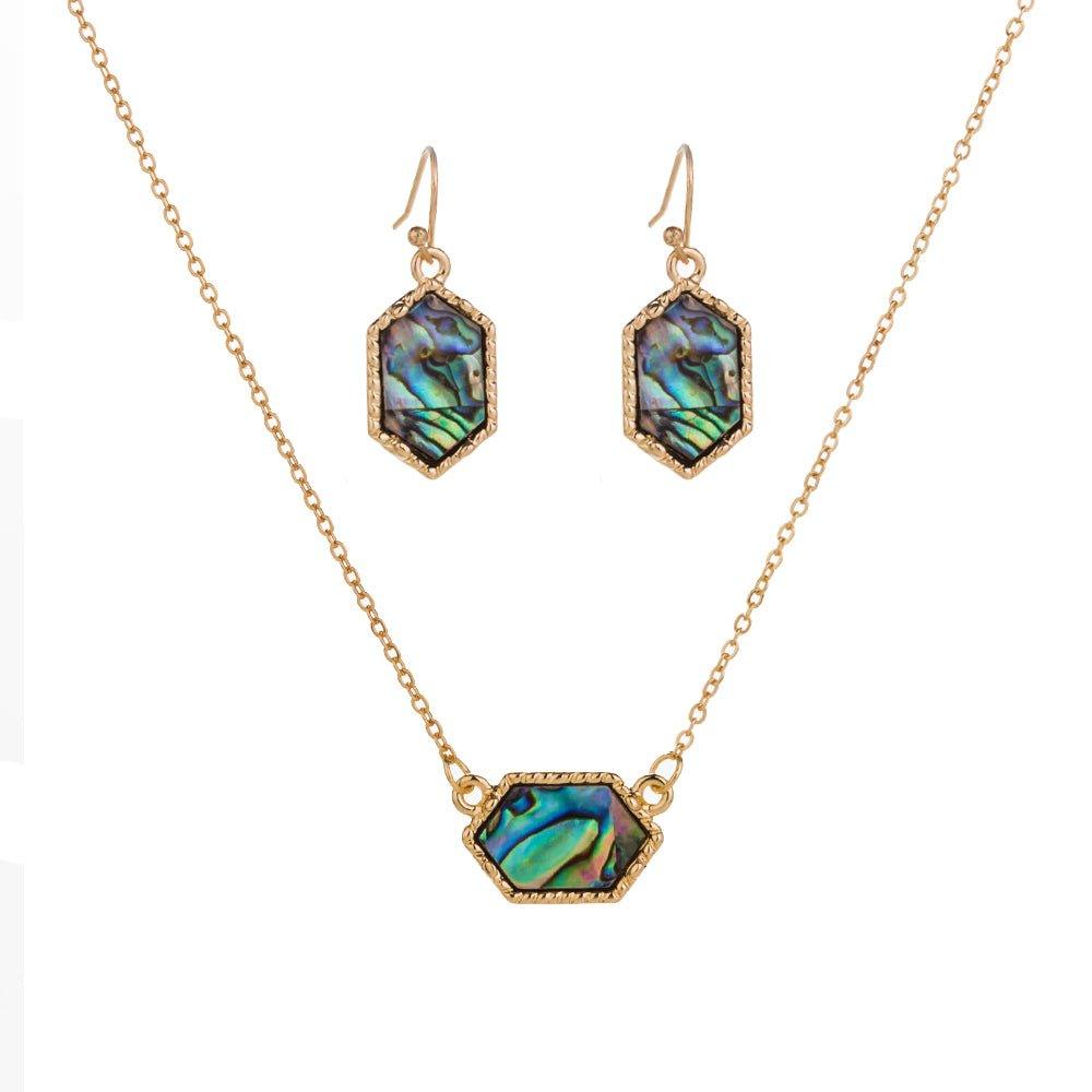 Hexagon Abalone Shell Necklace and Earrings Set, photo 1