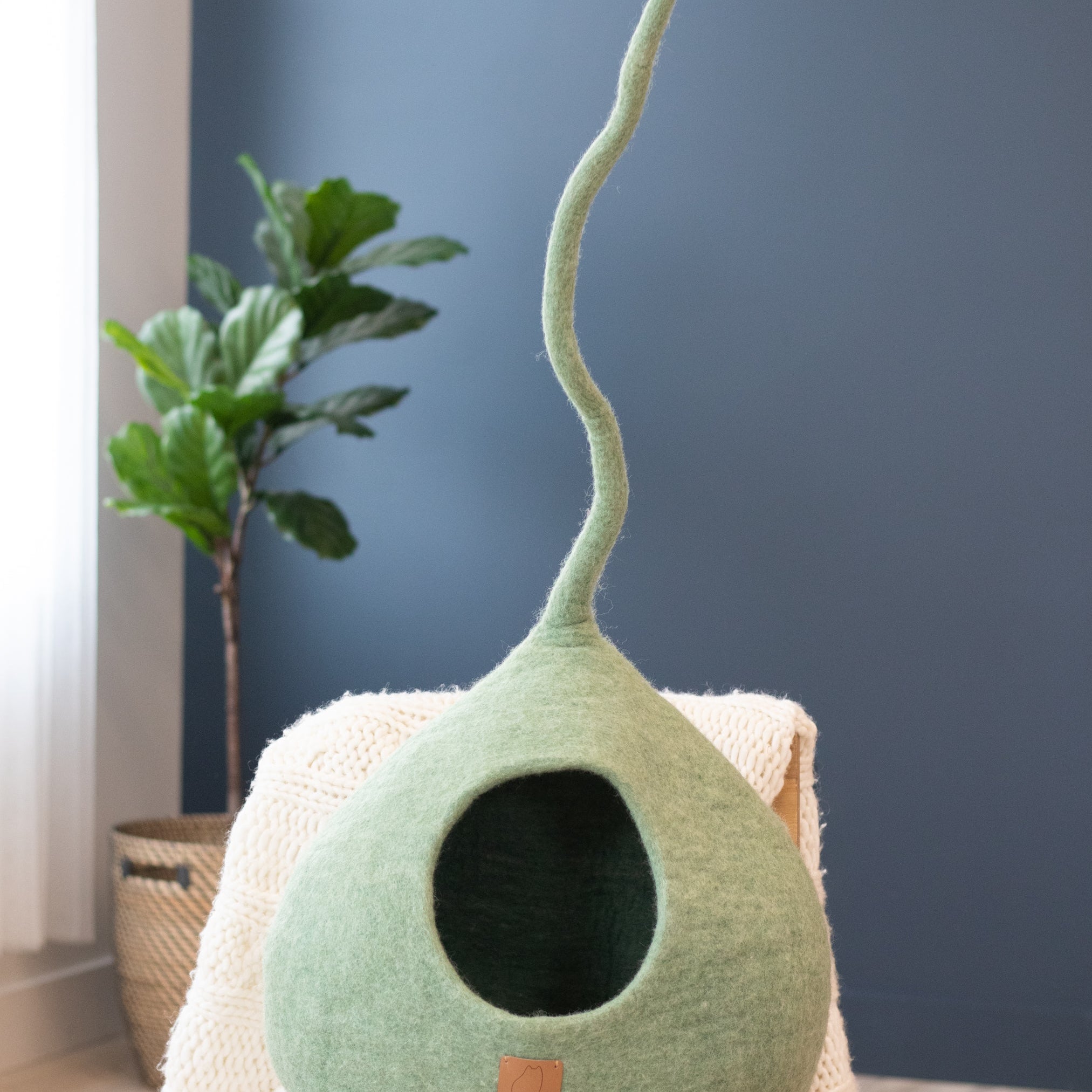 Felted Wool Cat Cave with Tail, Eucalyptus Green