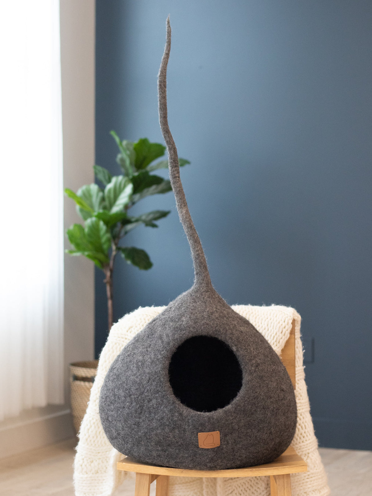 Felted Wool Cat Cave with Tail, Stone Gray
