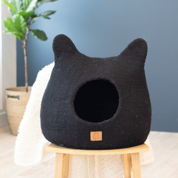 Felted Wool Cat Cave with Ears, Night Black, photo 2